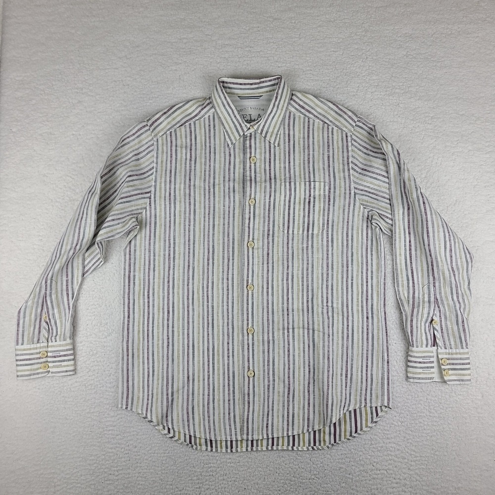 Tommy Bahama Shirt Medium Gray Brown White Striped Relaxed Fit Dress Button Up